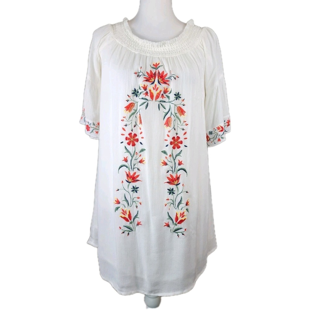 Black Swan Tunic Dress Womens Small White Embroidered Boho Coastal Casual NEW